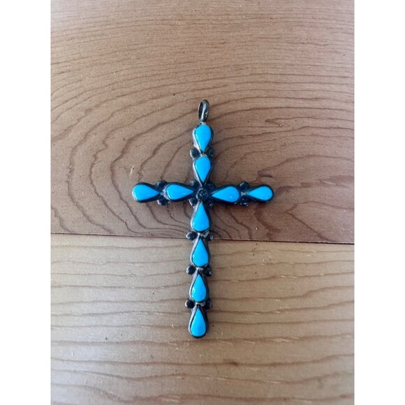 Zuni Sterling Silver Turquoise Cross Pendant - Picture 8 of 11